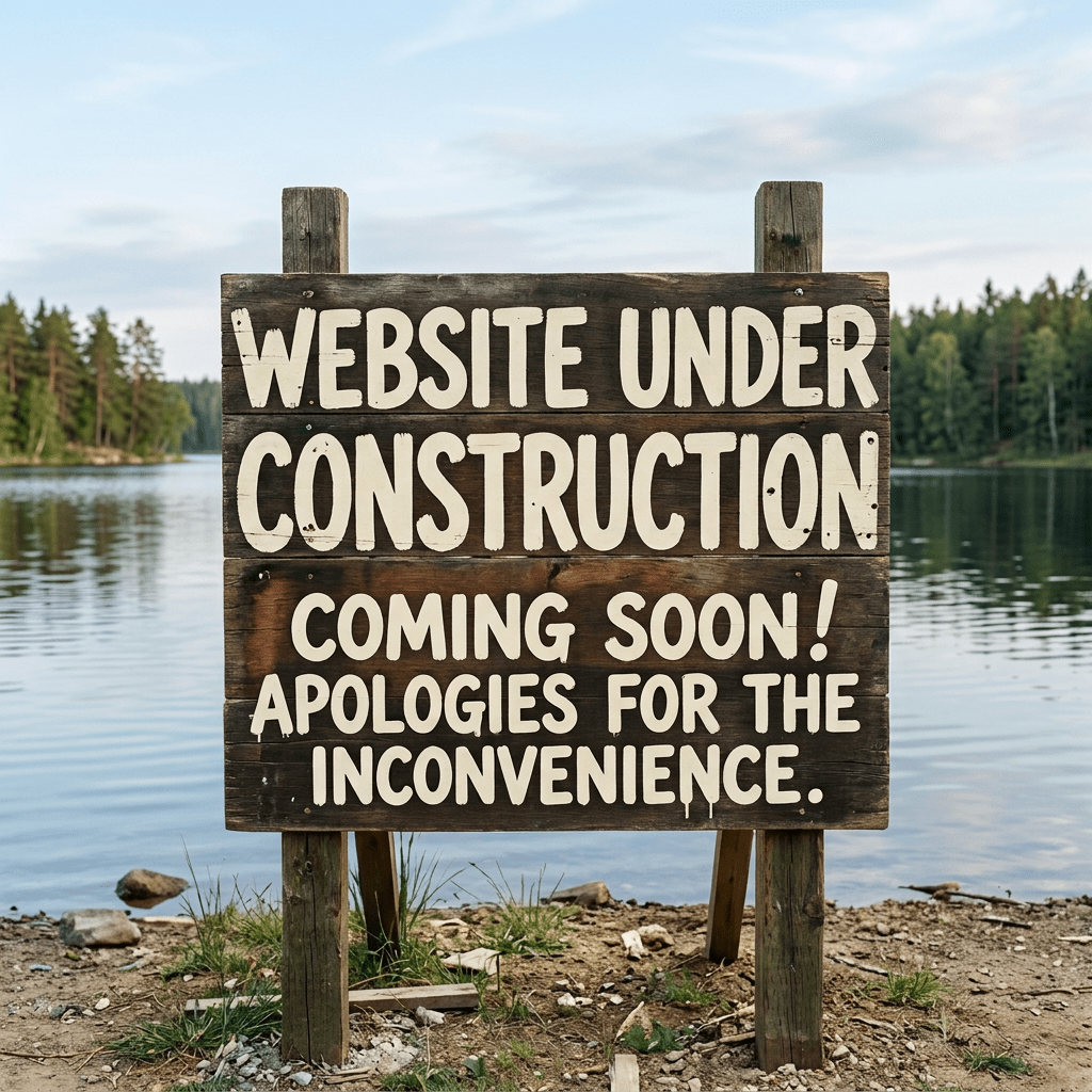 Wooden sign reading 'Website under construction coming soon! Apologies for the inconvenience.'